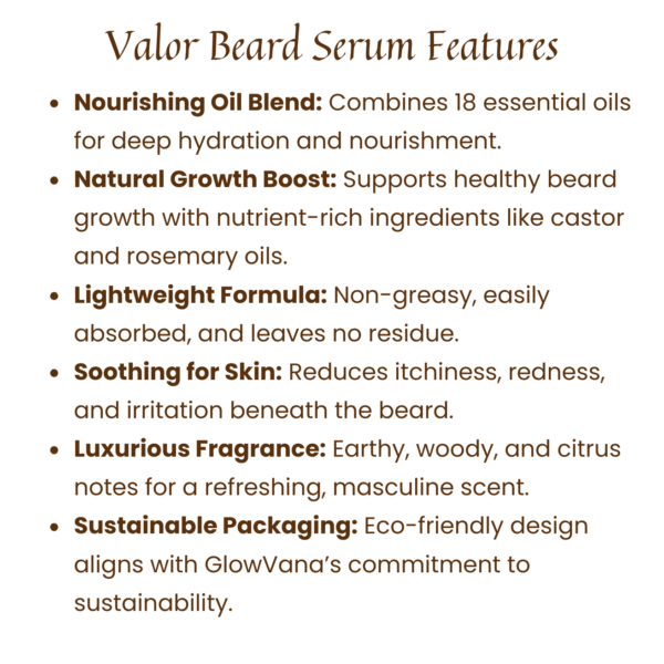 GlowVana Valor Beard Serum | Natural Beard Oil | 18 Essential Oils for Growth, Softness, Hydration, and Skin Care | Lightweight & Non-Greasy - Image 7